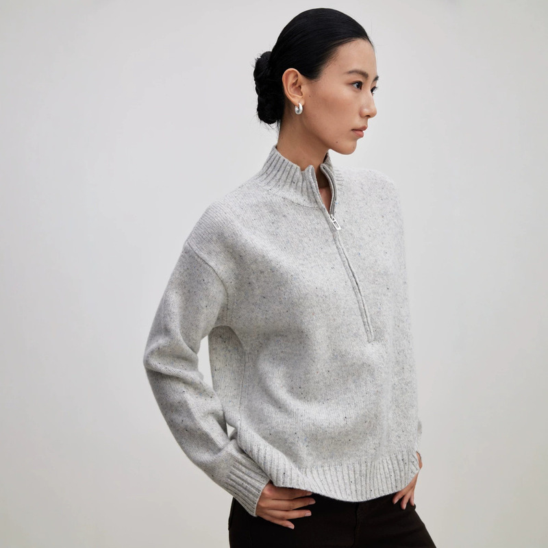 100% wool! Old money style stand-up collar half-zip thick pullover wool sweater, loose, casual, and relaxed long-sleeved sweater