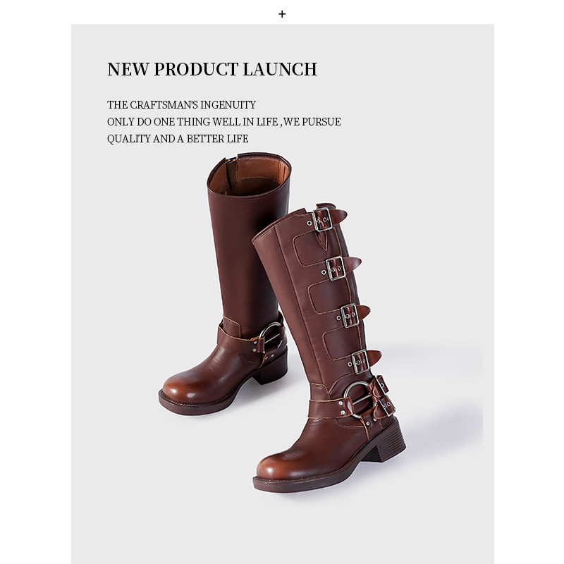 2023 Nouvelle botte de chevalier à tête carrée avec boucle de ceinture en métal à manches hautes pour femmes Asigo Same Western Cowboy_voghion.com