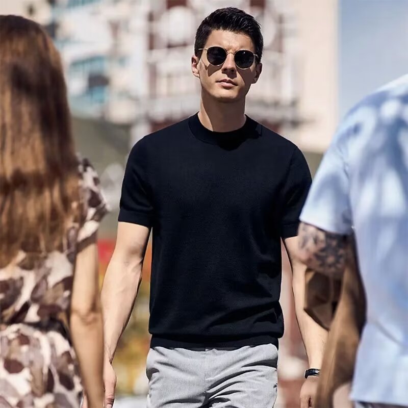 Estilo maduro ligero de negocios verano nuevo estilo casual botón de solapa ins tendencia suéter delgado POLO de manga corta para hombre