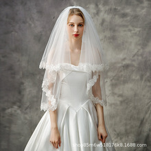 外贸新娘头纱白色小车股亮片花边双层短款头纱拍照结婚头饰遮面纱