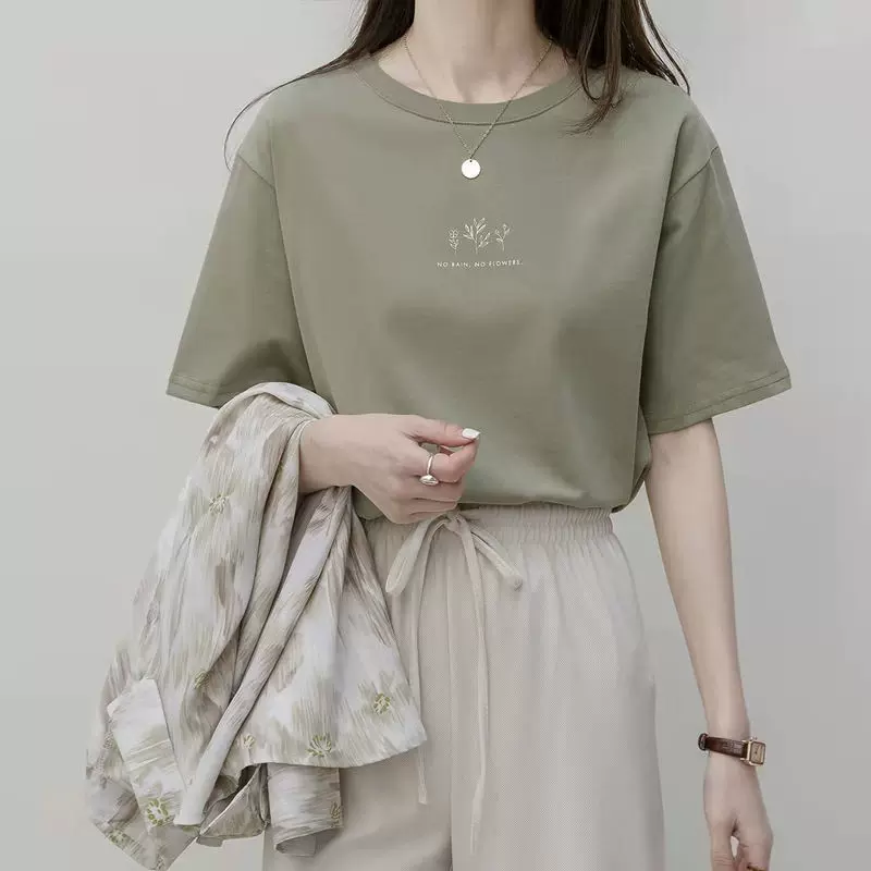 短袖韩版圆领T恤女2025夏季宽松植物印花休闲纯色学生半袖上衣潮
