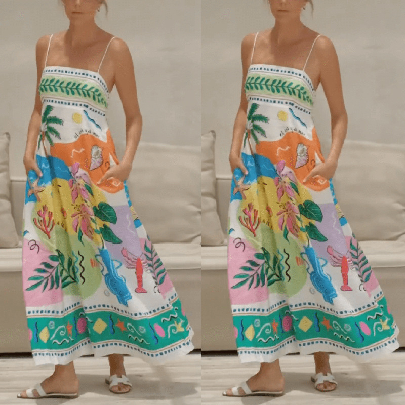 In-stock Cross-border European And American Independent Station 2026 New Beach Style Printed Strapless Sleeveless Maxi_ecoleips.com