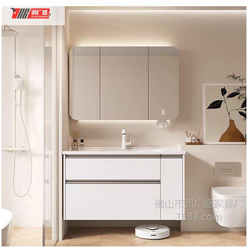 White minimalist large storage bathroom cabinet set with drawers and pull-out baskets, integrated ceramic washbasin and sink White minimalist large storage bathroom cabinet set with drawers and pull-out baskets, integrated ceramic washbasin and sink