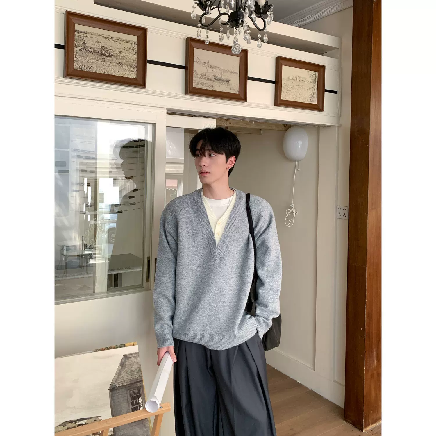 撞色假两件秋冬季新款男士宽松慵懒套头设计感针织衫长袖百搭毛衣