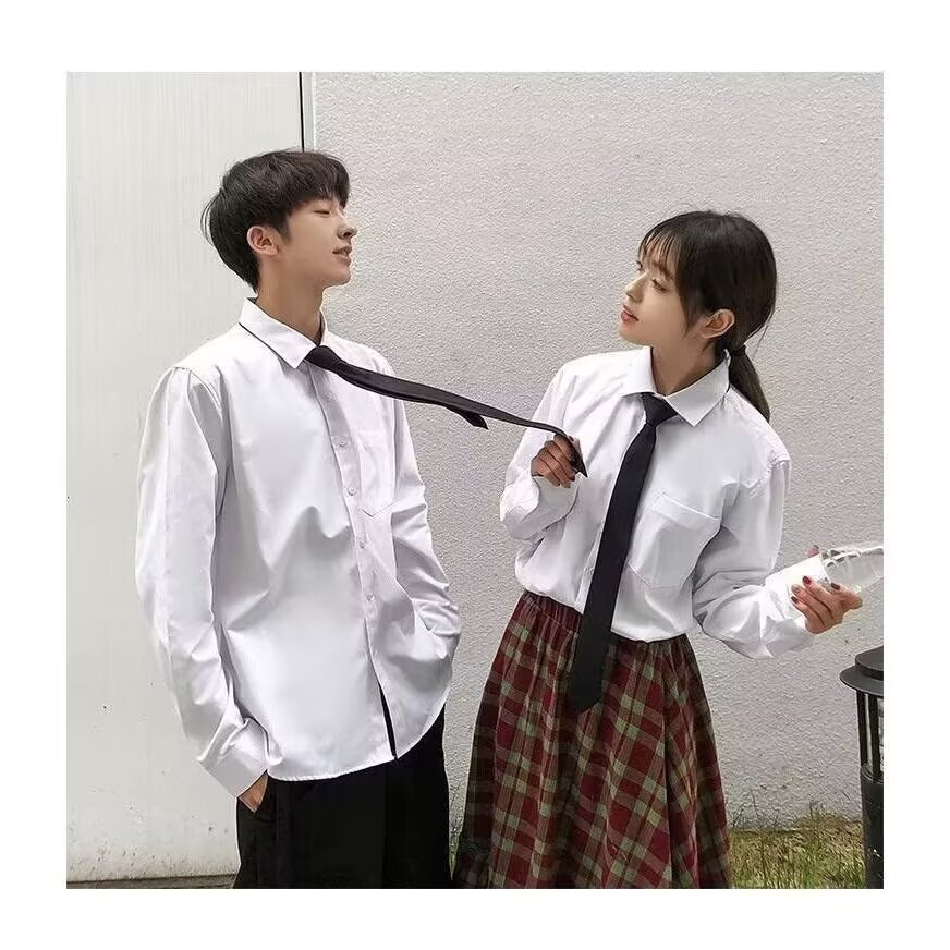 GZ领带白色长袖衬衫男宽松情侣套装港风学生班服休闲学外卖闪电仓