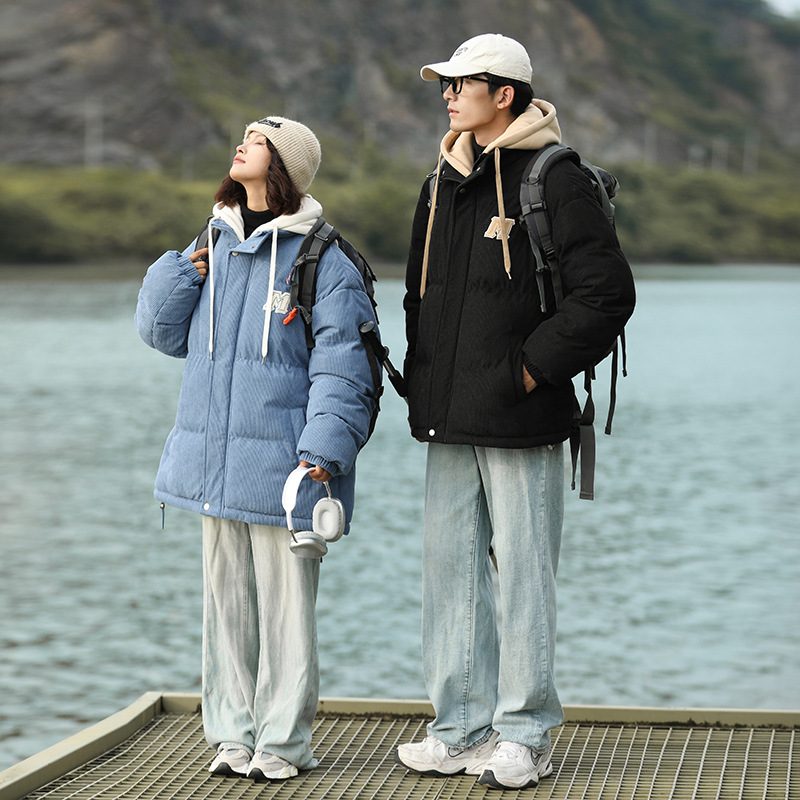 2023 Winter Puffer Jacket Couple Outfit Thickened Warm Cotton-padded Coat Hooded Home Wear Faux Two-Piece Cotton-padded Jacket