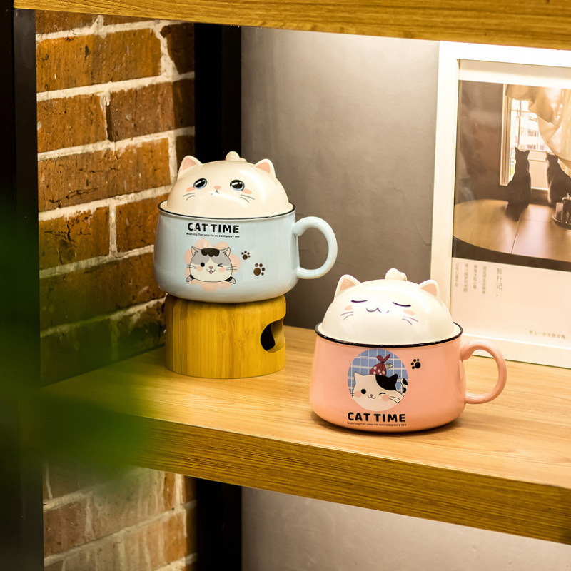 Taza de desayuno de caricatura de cerámica con tapa de alto valor de la oficina gatos creativos con mano mano mano mango de regalo tazón de porcelana image 3