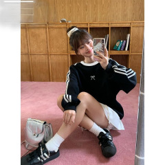 韩系chic芭蕾风三条杠圆领卫衣女秋冬新款设计感oversize甜美上衣