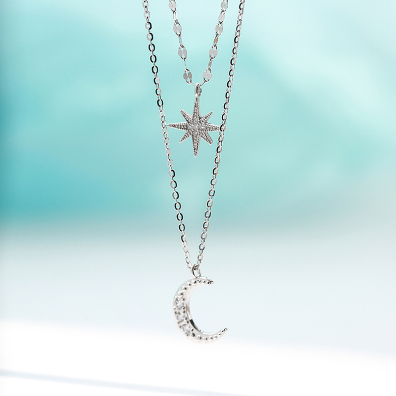 925 Sterling Silver Flash Diamond Star Moon Double Layer Necklace Niche Female Clavicle Chain Design Light Luxury New