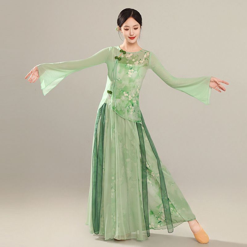 新款舞蹈旗袍服女纱衣古典中国练功弹力身韵古典舞飘逸演出服套装|undefined