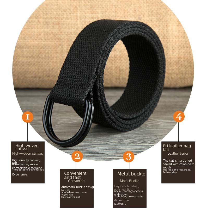 Double-loop Canvas Belt Men's and Women's Black D-shaped Buckle Cloth Belt Half-ring Long Canvas Belt_voghion.com