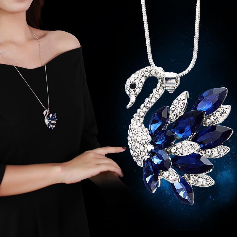Simple elegante nuevo Cisne cristal estilo coreano suéter largo cadena collar de las mujeres Otoño e Invierno versátil borla accesorios moda