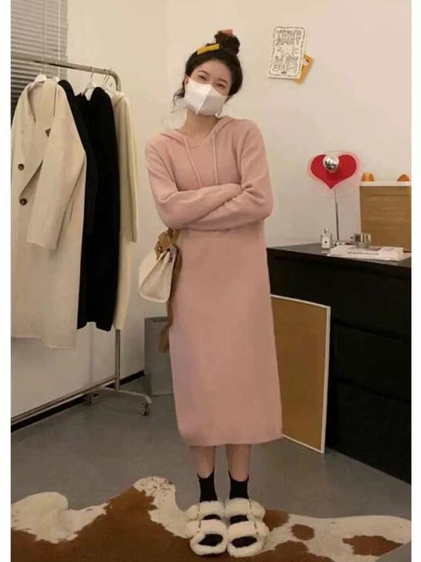 2025秋冬新款连帽显瘦针织连衣裙子女配大衣宽松打底内搭毛衣长裙|undefined