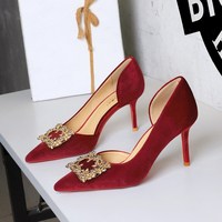 9269-AK301 European and American style banquet high-heeled women's shoes with metal rhinestone square buckle, one foot kick, side hollowed out single shoes for women