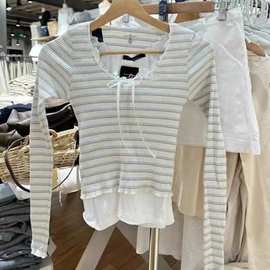BM风新款漏锁骨蓝白条纹大领口针织上衣女 bm修身长袖打底T恤罩衫