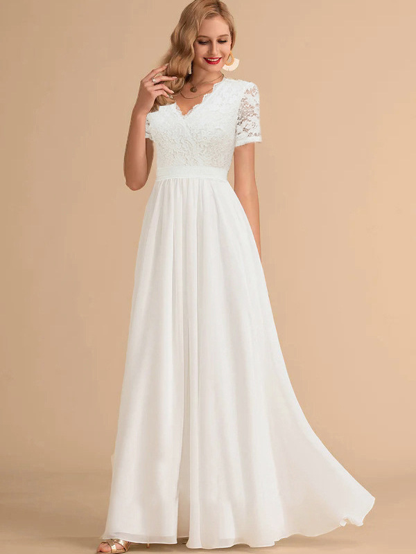 Europa y América Amazon 2025 borde de encaje costura cintura de gasa vestido largo con cuello en v vestido de novia vestido de noche image 2
