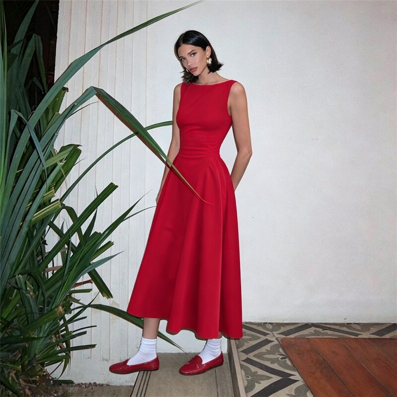 European and American Style Women's Clothing 2026 Summer New Fashion Elegant Solid Color Sleeveless Waist-Cinching Slimming Backless Ruched Dress European and American Style Women's Clothing 2026 Summer New Fashion Elegant Solid Color Sleeveless Waist-Cinching Slimming Backless Ruched Dress