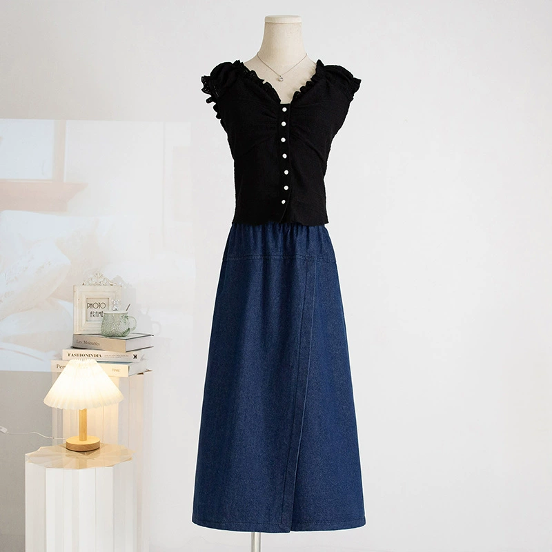 Реальный снимок средней длины женская джинсовая юбка большого размера