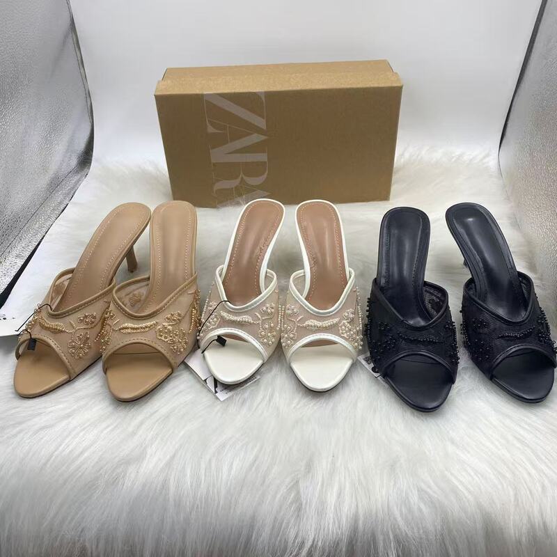 Za2024 New Autum Style Back Strap Fashionable Stiletto Heels Fish Mouth Embroidered Beaded Mesh Sandals for Women