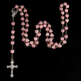 爱心粉色念珠项链圣母玛利亚念珠中心项链，外贸跨境热卖