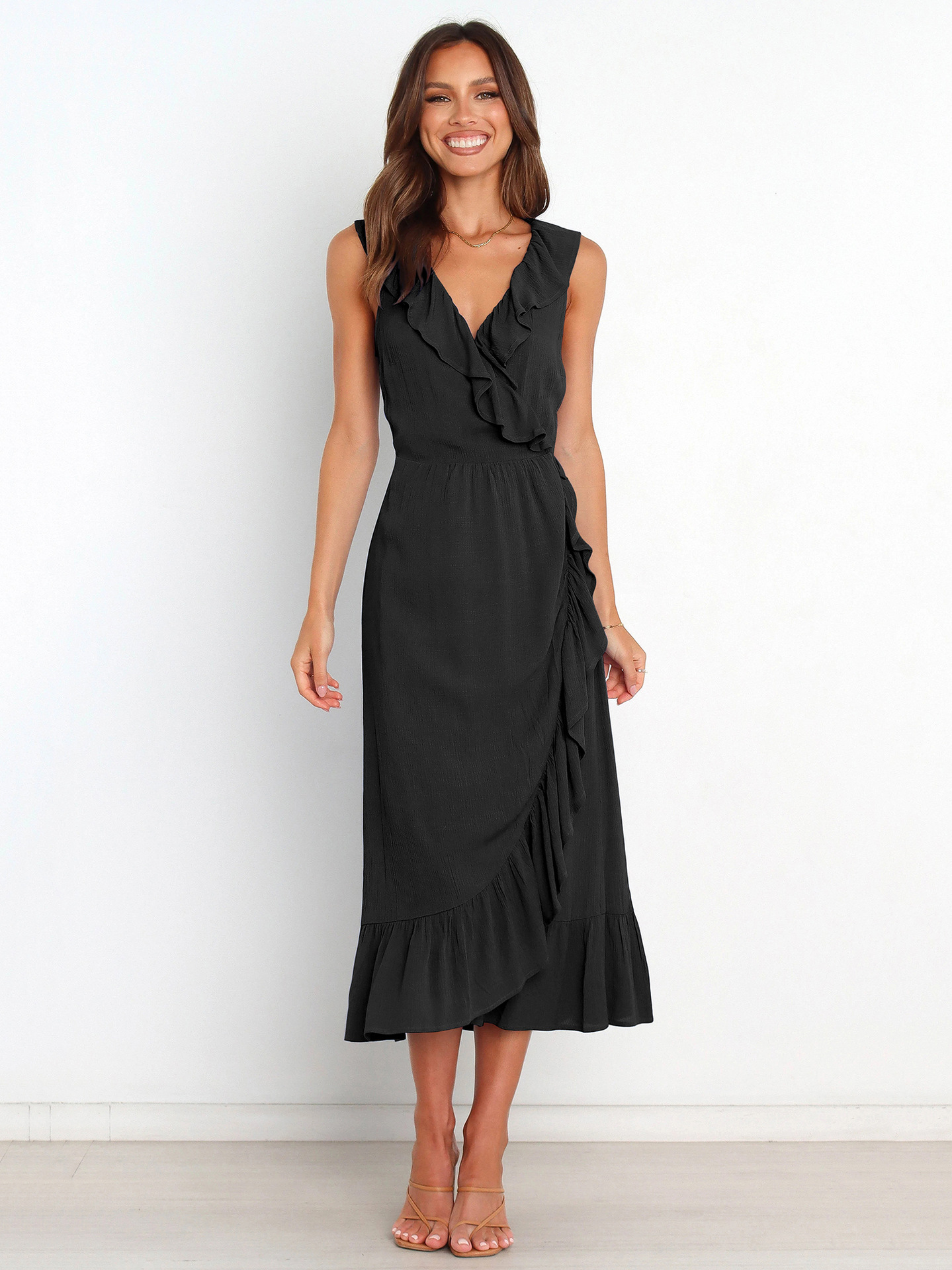 Elegant Solid Color V Neck Sleeveless Ruffles Viscose fiber Midi Dress Regular Dress