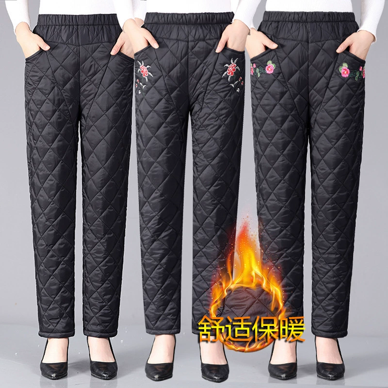 Зимние длинные брюки для мам, пуховые хлопковые компрессионные брюки в клетку с эластичной лентой и высокой талией, повседневные женские брюки, верхняя одежда, брюки для среднего возраста