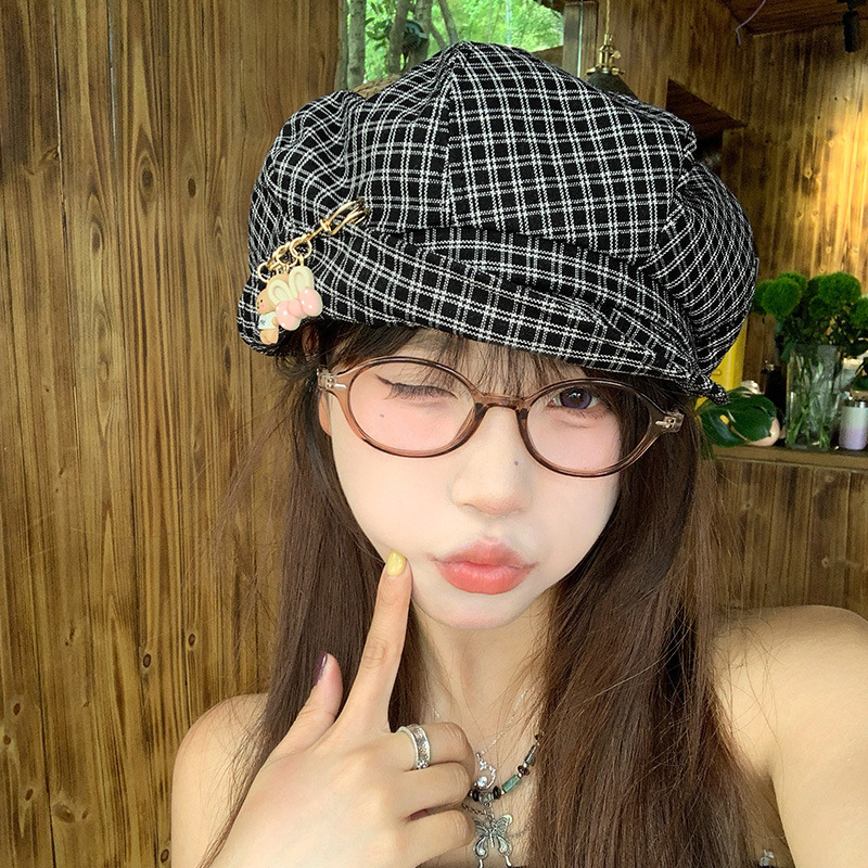 日系可爱小熊黑色格子贝雷帽女夏季文艺百搭显脸小报童帽子画家帽|undefined