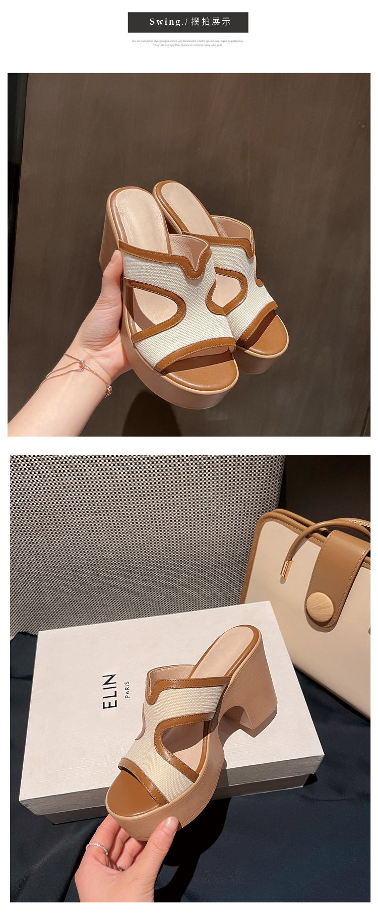 Dép sandal nữ quai chữ V da bò cao cấp đế xuồng dày, gót thô hở mũi, mùa hè — màu kaki chi tiết 15