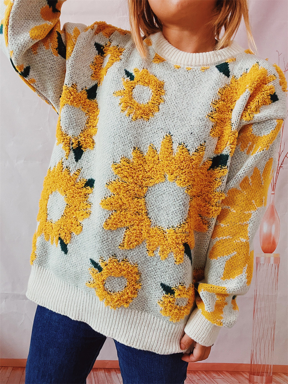 Women's Sunflower Jacquard Knitted Pullover Sweater For Winter_voghion.com