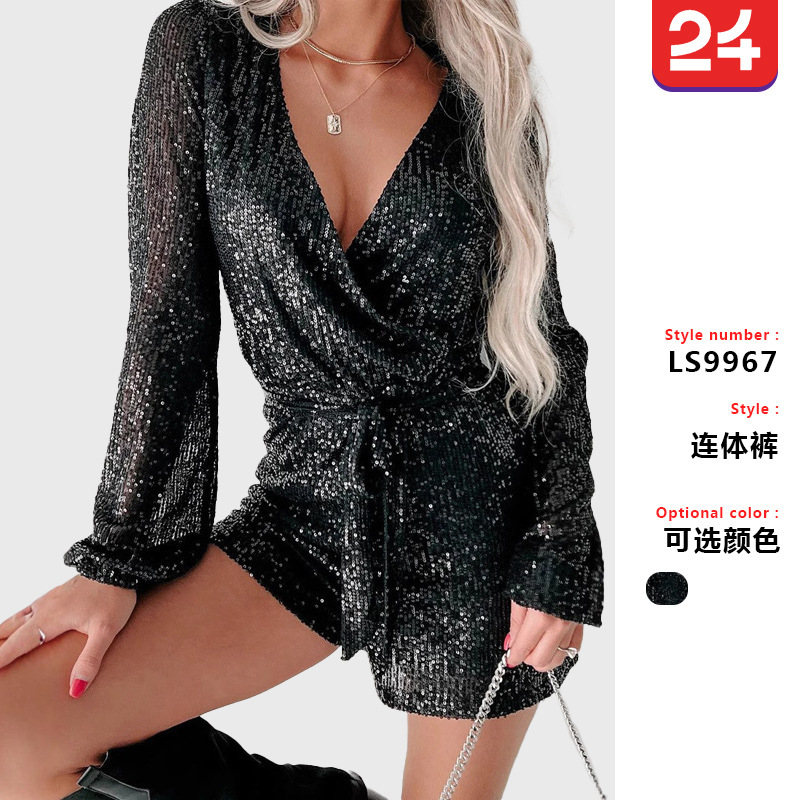 2025 new European and American cross-border Amazon direct holiday party fashion sequins long sleeve dress one-piece shorts 2025 new European and American cross-border Amazon direct holiday party fashion sequins long sleeve dress one-piece shorts