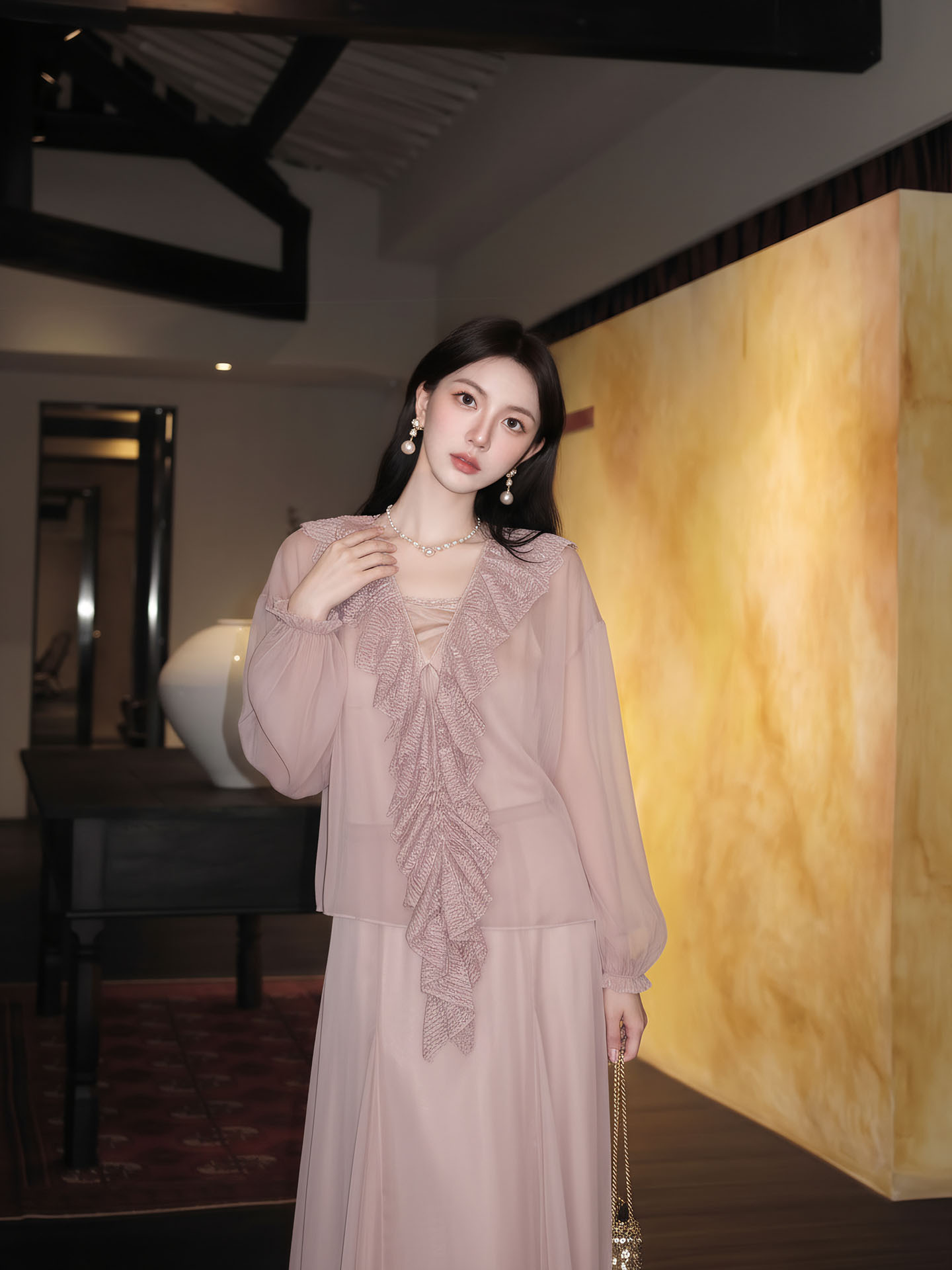 Bộ váy áo sơ mi nữ tay bèo ren + chân váy chữ A xòe phong cách tân cổ điển — Trang chủ, bộ đồ, nửa váy
