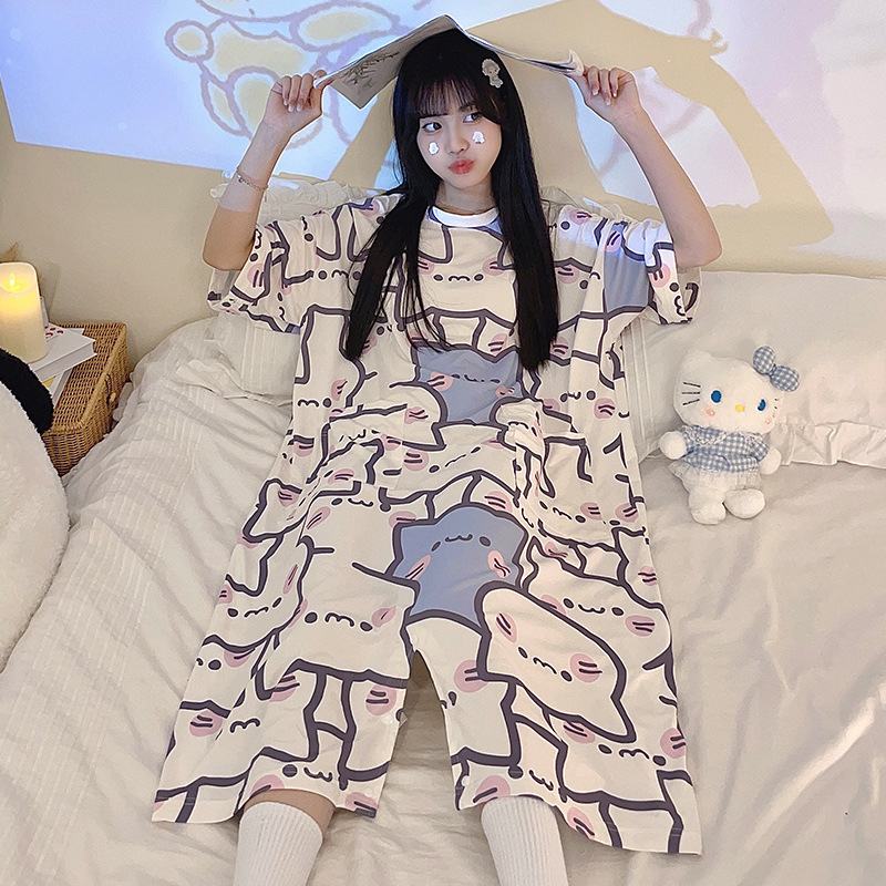 One-piece Pajamas Women's Summer Pure Cotton Net Red Style Loose plus size Cute Mid-length Summer Home Clothes Pregnant Women's Nightdress