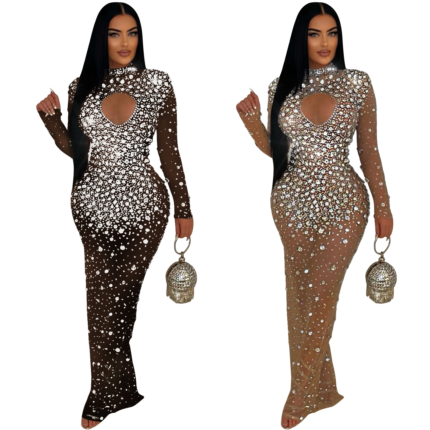 C6993 AliExpress transfronterizo Amazon estación independiente de moda europea y americana ropa de mujer de cuello redondo vestido de diamante caliente vestido largo nuevo image 6