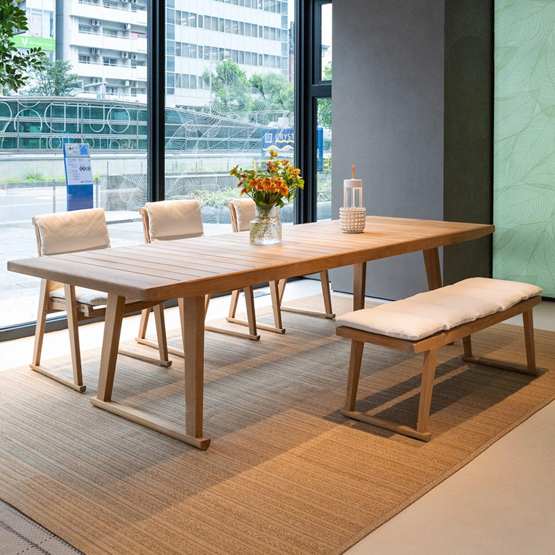 Mesa y silla de madera maciza al aire libre patio jardín ocio mesa larga hotel villa jardín impermeable combinación de mesa de teca