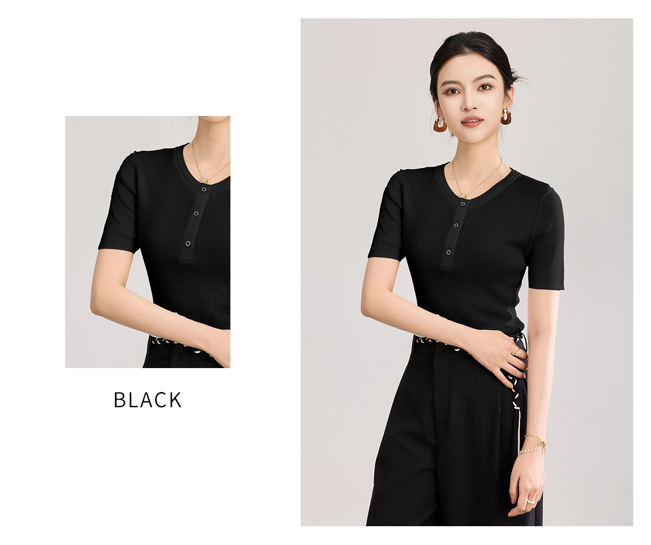 Áo thun nữ cổ tròn tay ngắn dệt kim siêu mịn form vừa vặn — màu đen chi tiết 26