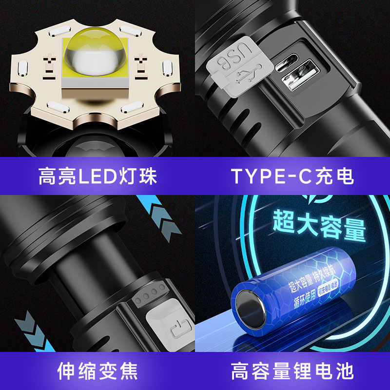 新款强光户外超亮远射手电筒家用应急便携白激光多功能变焦手电|undefined