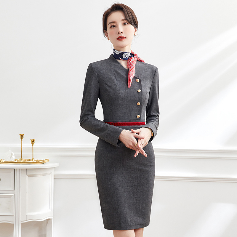 Business wear long sleeve dress female gray flight attendant interview hotel front desk reception beauty salon sales department overalls