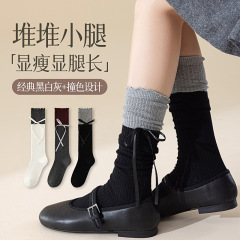 miu系袜子女甜美丝带蝴蝶结小腿袜2025秋季新款木耳边拼色堆堆袜