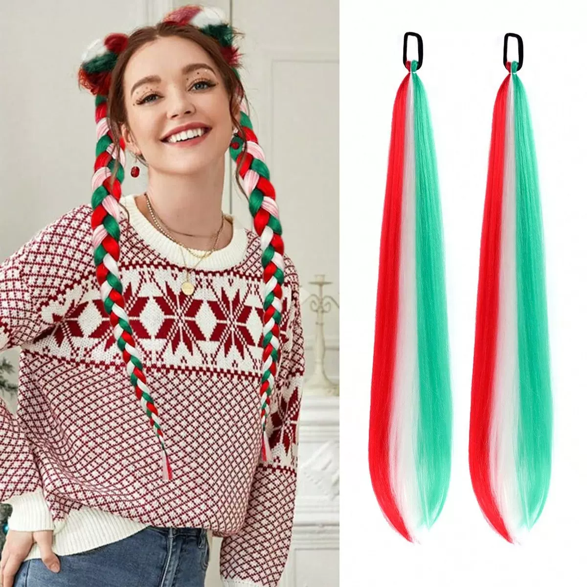 跨境假发马尾女长发马尾辫圣诞节时尚彩色麻花辫手工编制假辫子