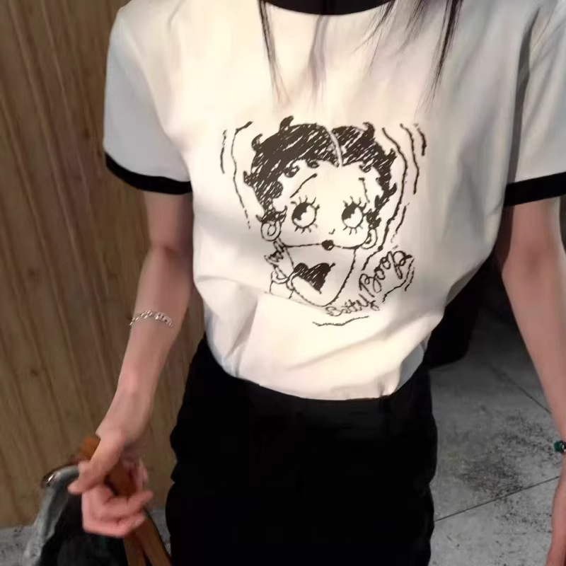 Shop We Are Women's Korean Dongdaemun 2026 Spring/Summer Fashion Round Neck Big Eye Betty Print Short Sleeve T-Shirt