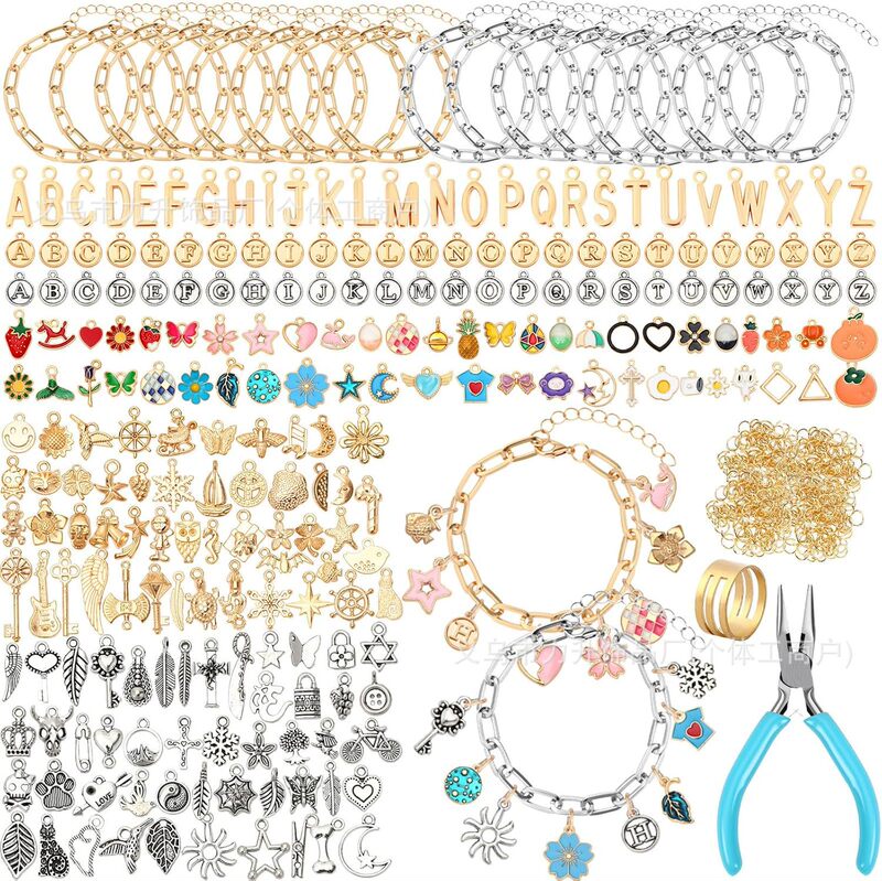 DIY 486-piece pendant bracelet making kit, pendant letters, jump rings and pliers, gold and silver pendant chain making materials