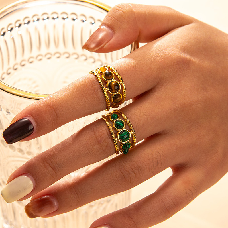 French retro natural stone ring female all-match peacock tiger eye stone bracelet female titanium steel open ring does not fade