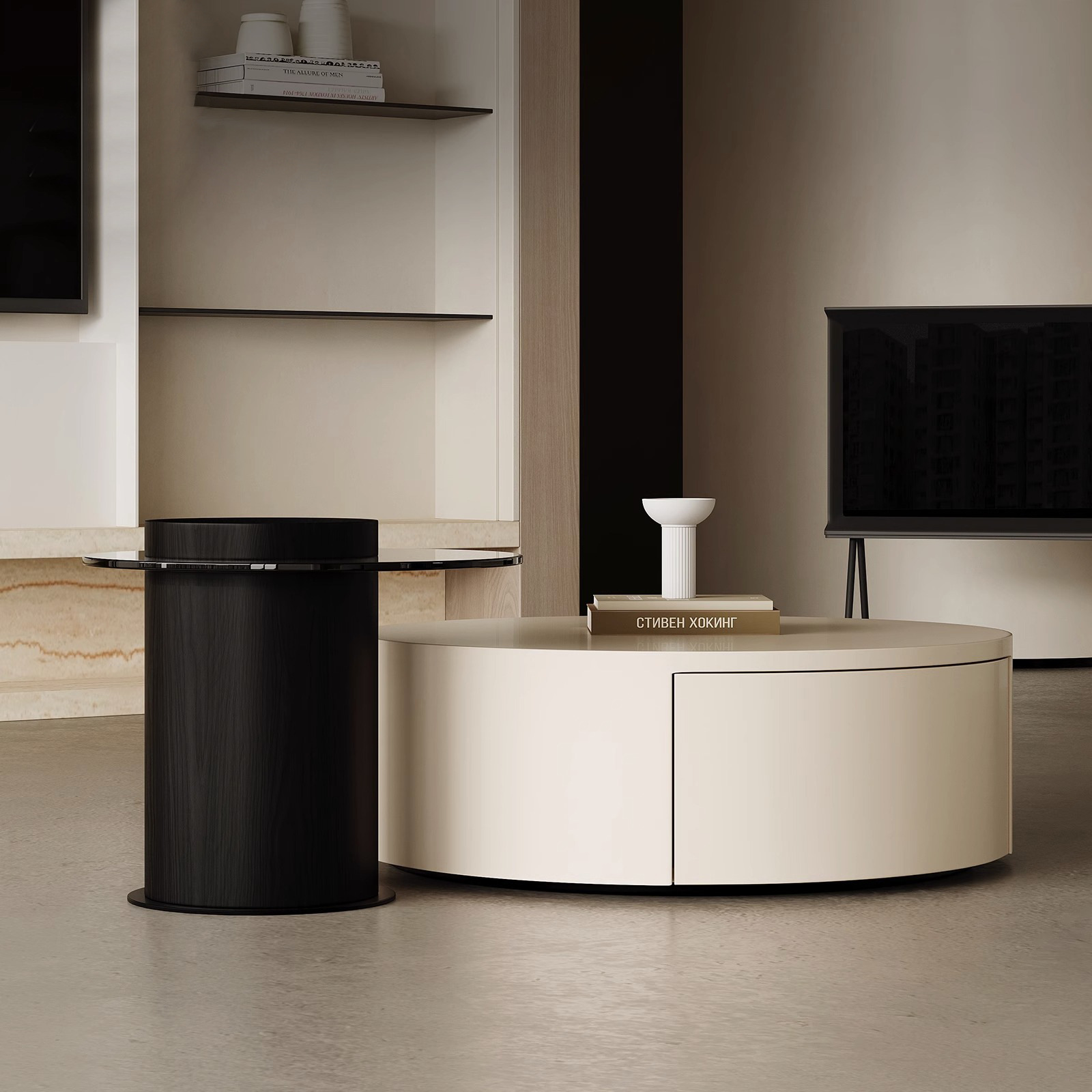 Sala de estar en casa simple mesa de té TV gabinete combinación luz estilo crema francés mesa de té tamaño redondo mesa de té de diseño