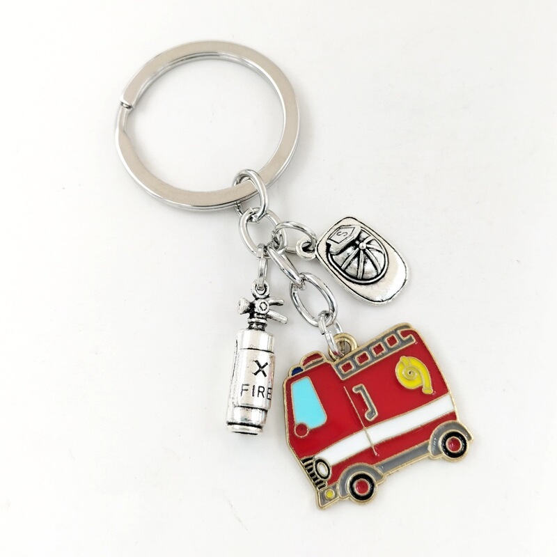 European and American new red fire truck fire extinguisher Helmet emergency rescue commemorative keychain diy bag accessories