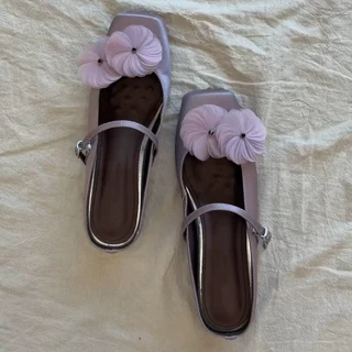 羊皮版~法式仙女风绸缎面芭蕾风包头鞋女一字带花朵半拖鞋