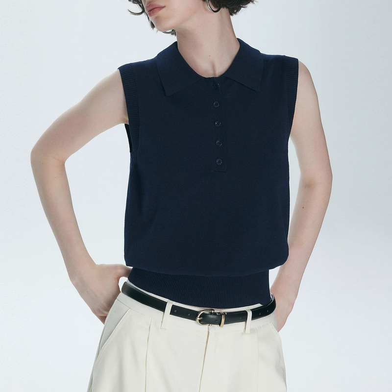 M1U Style Outfit/College Style Polo Collar Sleeveless Knitted Vest for Women Summer Retro Versatile Top
