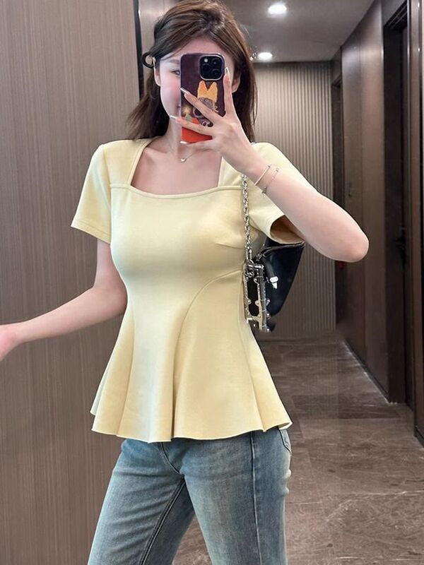 プラスサイズファットmm右肩スクエアカラー半袖Tシャツ女性用、肉感カバー、ウエストカーブデザイン、半袖ウエスト痩身トップ|undefined