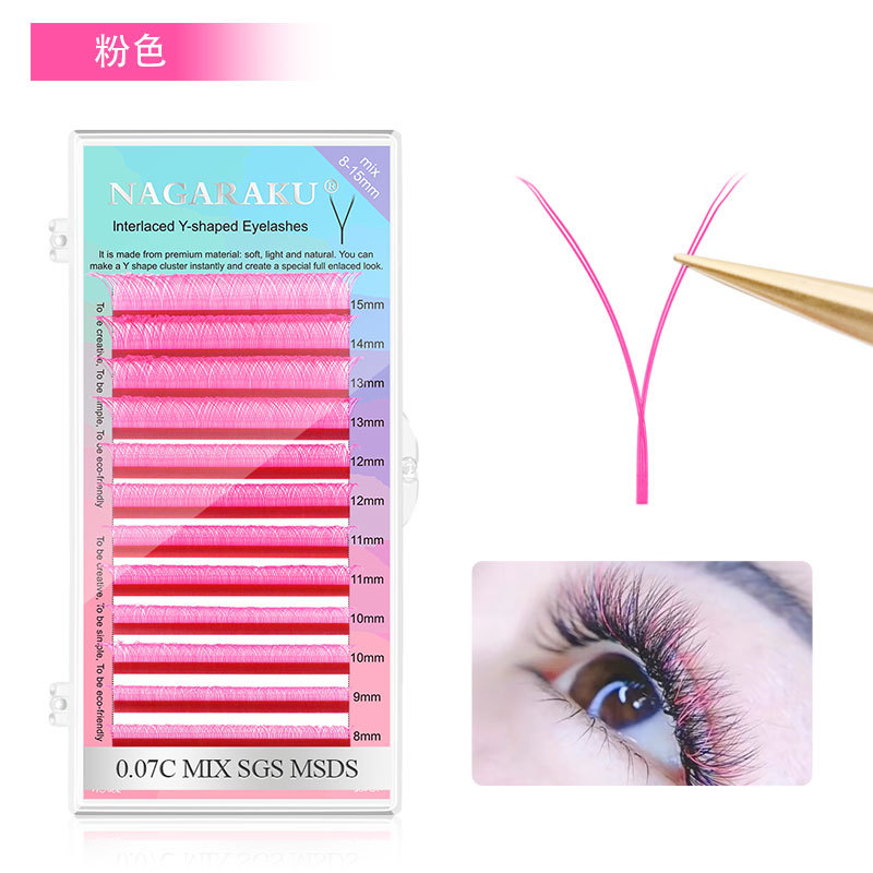NAGARAKU color en forma de Y pestañas injertadas lino marrón rosa rojo violeta verde azul mixto 2D pestañas florecientes suaves