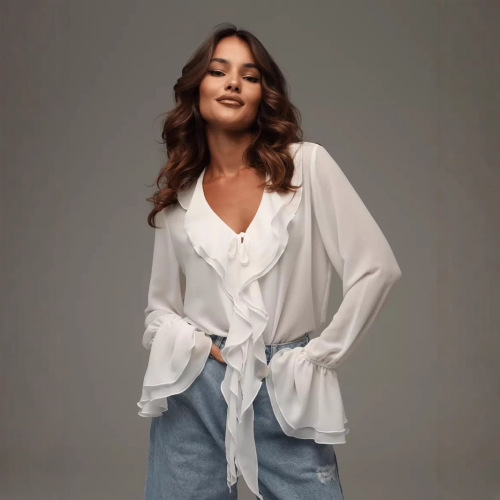 Springtime European and American-style women's fashion: Versatile V-neck long-sleeve ruffle-trimmed lace-up blouse