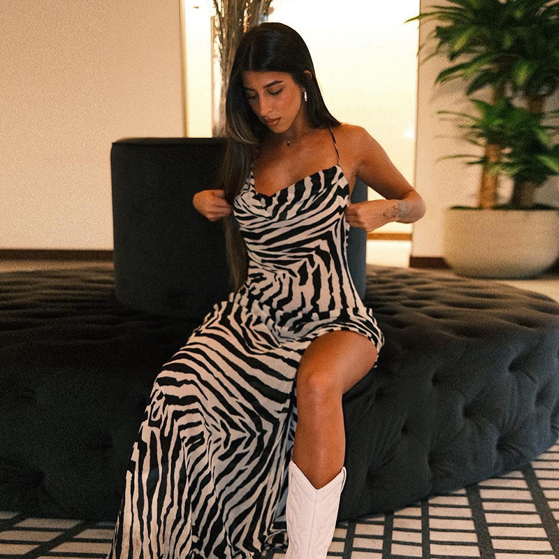 Women's Zebra Print High Slit Dress See-through Tie Waist Sexy Vacation Style Clothing for Fall Fashion 2024_ecoleips.com